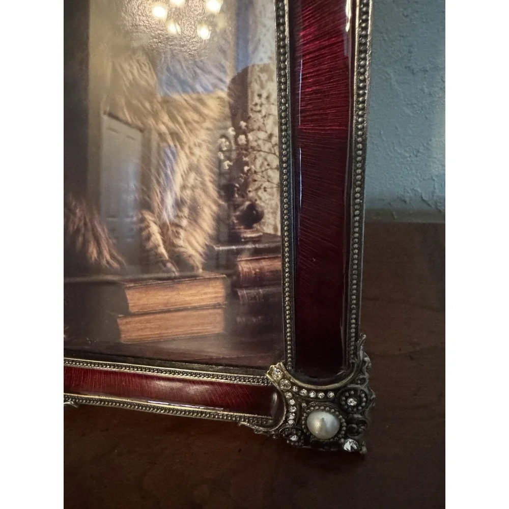 Vintage Bombay Company Red Enamel Rhinestone Pearl Ornate Picture Frame 4x6